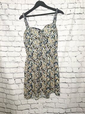 AUW Navy Floral Mini Dress with White and Yellow Blossoms. Size XL